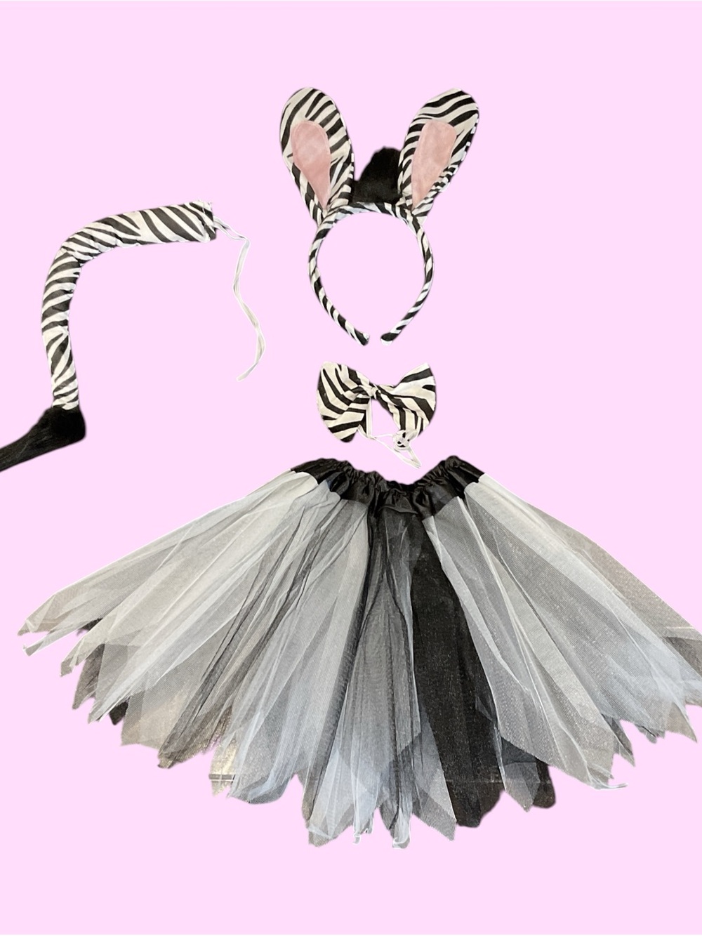 Zebra Kids Costume Set - Black & White Tutu with Ears Fits ages 3-5.